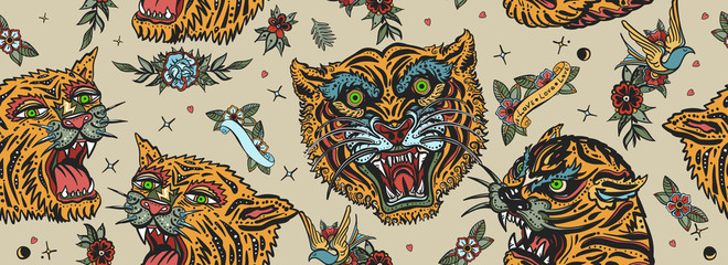 Tigers seamless pattern. Old school tattoo. Asian wild cats heads. Traditional tattooing, japan art style