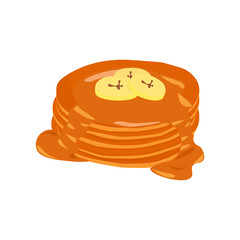 Pancake stack vector isolated clip-art, cartoon style illustration, peanut butter and banana topping.