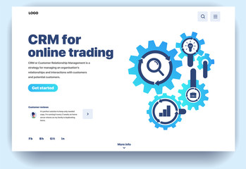 Web page flat design template CRM for online trading. Business landing page online customer relationship management. Modern vector illustration concept for website and mobile website development