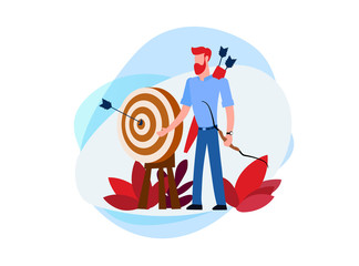 Business goals and objectives. Office worker near the target. Best decision. Goal achievement. Business solution strategy concept. Flat illustration an archer with a bow and a target with an arrow