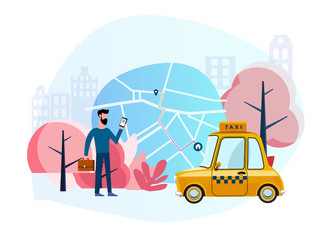Taxi ordering. Mobile app for a call cab service. Flat illustration of a man who calls a yellow taxi car so that he takes him along the short route to his house using a navigator