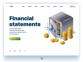 Website providing the service of financial statements. Concept of a landing page for analysis and statistic financial statements. Vector website template with 3d isometric illustration safe with money