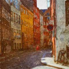 Fototapeta na wymiar Oil painting colorful old european street view. Digital drawing print for canvas, paper. Contemporary fine impressionism art. Postcard, poster, stationary design. Travel in Europe, beautiful houses.