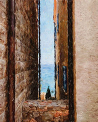 Oil painting colorful old european street view. Digital drawing print for canvas, paper. Contemporary fine impressionism art. Postcard, poster, stationary design. Travel in Europe, beautiful houses.