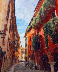 Ölgemälde bunte alte europäische Straßenansicht. Digitaler Zeichnungsdruck für Leinwand, Papier. Zeitgenössische Kunst des feinen Impressionismus. Postkarte, Poster, stationäres Design. Reisen in Europa, schöne Häuser. © Katsiaryna