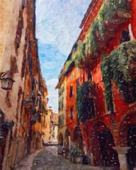Ölgemälde bunte alte europäische Straßenansicht. Digitaler Zeichnungsdruck für Leinwand, Papier. Zeitgenössische Kunst des feinen Impressionismus. Postkarte, Poster, stationäres Design. Reisen in Europa, schöne Häuser. © Katsiaryna