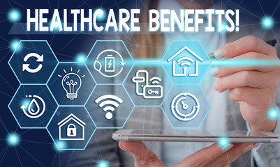 Conceptual hand writing showing Healthcare Benefits. Concept meaning monthly fair market valueprovided to Employee dependents Female human wear formal work suit presenting smart device