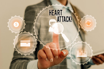 Writing note showing Heart Attack. Business concept for sudden occurrence of coronary thrombosis resulting in death Woman wear formal work suit presenting presentation using smart device