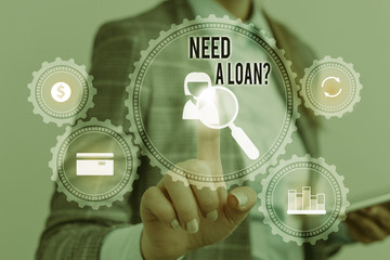 Writing note showing Need A Loan Question. Business concept for asking he need money expected paid back with interest Woman wear formal work suit presenting presentation using smart device