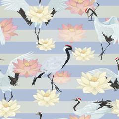 Seamless pattern with lotuses and cranes.