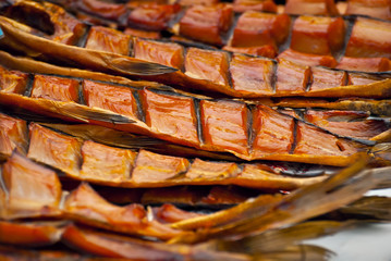 Smoked fish on the table. Lots of different fish at the festival.