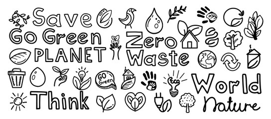 Hand drawn natural go green doodle icons