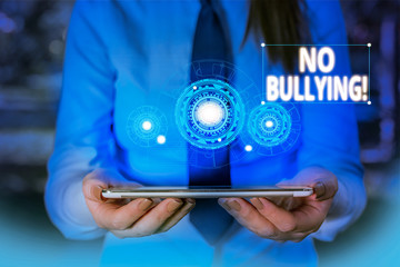 Conceptual hand writing showing No Bullying. Concept meaning stop aggressive behavior among...