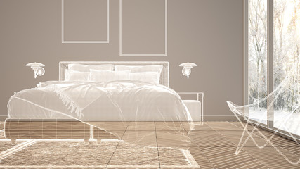 Empty white interior with parquet floor and big panoramic windows, custom architecture design project, white ink sketch, blueprint showing modern bedroom interior design