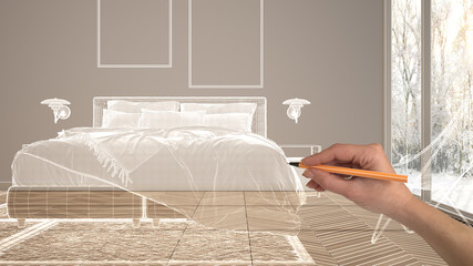 Empty white interior with parquet floor and big panoramic window, hand drawing custom architecture design, white ink sketch, blueprint showing modern bedroom