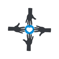 Team work. Team hands together icon with heart sign, favorite, like, love, care symbol