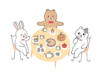 Obraz premium Cartoon cute rabbit and bear and cat drinking tea time vector.