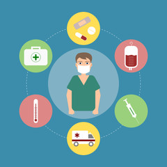 Medical care professional in surgical suit with face mask. Doctor surrounded by medical icons. Surgeon, emergency concept.  First aid elements with ambulance. Vector illustration,flat style, clip art.