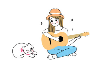 Cartoon cute woman playing guitar and cat vector.