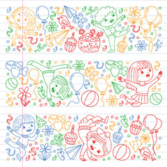 Vector illustration in cartoon style, active company of playful preschool kids jumping, at a party, birthday.