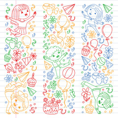 Vector illustration in cartoon style, active company of playful preschool kids jumping, at a party, birthday.