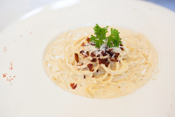 Pasta carbonara or spaghetti white cream sauce with bacon, parsley, ham, and parmesan cheese in white dish.