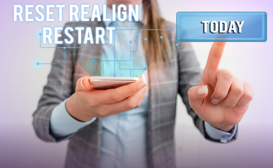 Word writing text Reset Realign Restart. Business photo showcasing Life audit will help you put things in perspectives Lady front presenting hand blue glow futuristic modern technology tech look