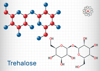 Trehalose, tremalose carbohydrate molecule. Also known as mycose. Is a disaccharide consisting of two molecules of glucose.  Sheet of paper in a cage.