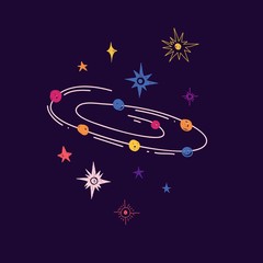Naklejka premium Space elements in cute doodle style. Hand-drawn cosmic planets, stars and universe elements for children's print. Cartoon illustration galaxy for concept design t-shirt. Vector