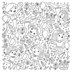 Fototapeta premium Vector illustration in cartoon style, active company of playful preschool kids jumping, at a party, birthday. Drawing on exercise notebook.