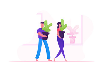 Man and Woman Carry Huge Flowerpots with Green Plants at Home Interior. Happy Married Couple Care of Homeplants, Doing Everyday Routine or Moving to another House. Cartoon Flat Vector Illustration