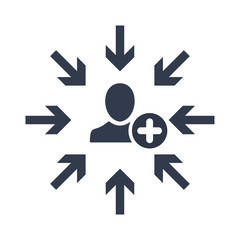 Target audience. Customer, client targeting. Consumer centricity. Focus human icon with add sign, new, plus, positive symbol