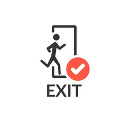 Emergency exit with human figure icon with check sign, approved, confirm, done, tick, completed symbol.