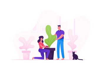 Funny Happy Couple Taking Care of Houseplants Growing in Planters