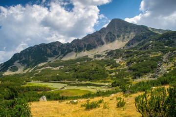 Naklejka premium Path between Bezbog lake and hut and the Popovo lake in Pirin national park, near Bansko, Bulgaria