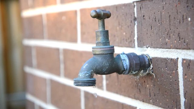 Water dripping from an outdoor garden tap.