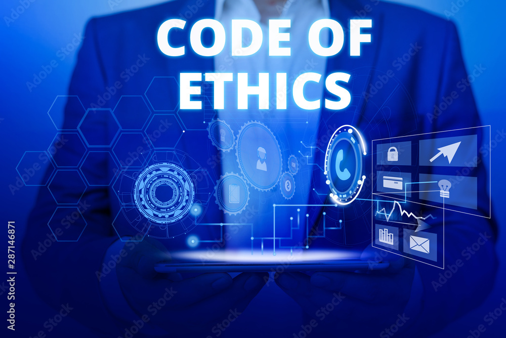 Aufkleber text sign showing code of ethics. business photo text basic guide for professional conduct and impos