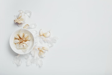 Garlic bulb, cloves and peel on white background, flat lay with copy space