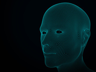 3D vector head from grid. Artificial intelligence. 3D Geometric Face Design. Biometric Illustration