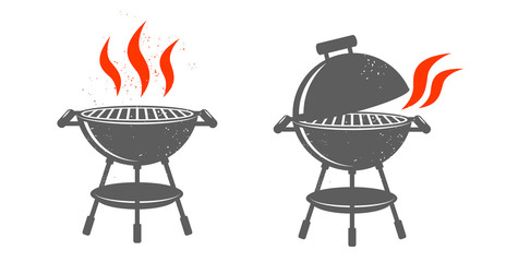 Black BBQ Grill illustrations with red fire on white background.