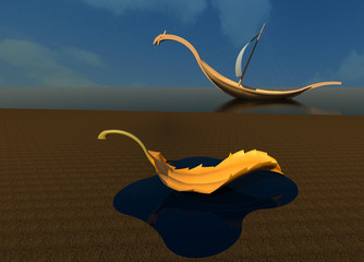 Obraz premium An autumn leaf floating in a puddle and a Viking ship in the sea at the background 3D illustration 1. Shapes and places similarity, perspective view. Collection.