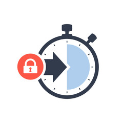 Stopwatch symbol with arrow. Launch, management, optimization, release concept icon with padlock sign, security, protection, privacy symbol