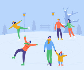Merry Christmas, Happy New Year winter holiday greeting card. People characters ice skating on the rink. Excited family outside. Vector Illustration