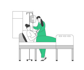 Nurse Wearing Medical Robe Set Up Dropper to Young Woman Lying in Bed in Hospital Chamber. Medicine and Health Care Concept. Patient Recovery Process. Cartoon Flat Vector Illustration, Line Art Style
