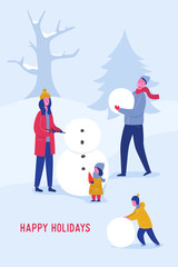 Xmas Party Card or Invitation Poster. Family of mom, dad, children building snowman, People characters celebrating Merry Christmas and Happy New Year night, Winter Season Holiday. Vector illustration