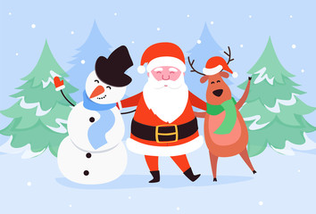 Merry Christmas characters of Santa Claus, Reindeer and Snowman. Happy Winter Holidays New Year greeting card, poster or design template. Vector illustration