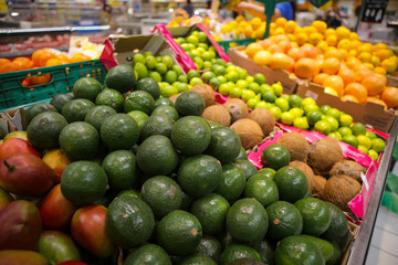 Avocados, coconuts, limes, grapefruits, oranges and mangos on the fruits and vegetables aisle in a store.