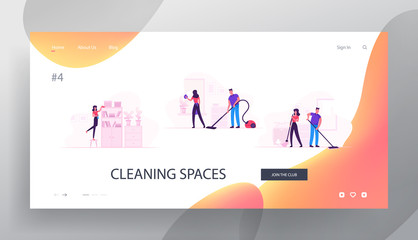 Houseworking Characters Cleaning Home Website Landing Page. Couple Everyday Routine. Home Duties and Chores, Mopping Wiping Dust and Vacuum Cleaning Web Page Banner. Cartoon Flat Vector Illustration