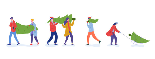 Bundle of people carrying, buying Christmas trees and celebrating winter holidays. Men, women characters, family do shopping for New Year celebration. Flat cartoon vector illustration