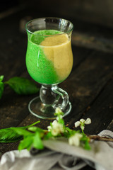 green smoothie - delicious fruit drink, vitamins, menu concept. food background. copy space